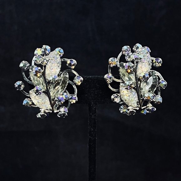 Judy Lee AB Rhinestone & Lava Glass Floral Brooch And Clip On Earrings (5134) - Picture 7 of 10